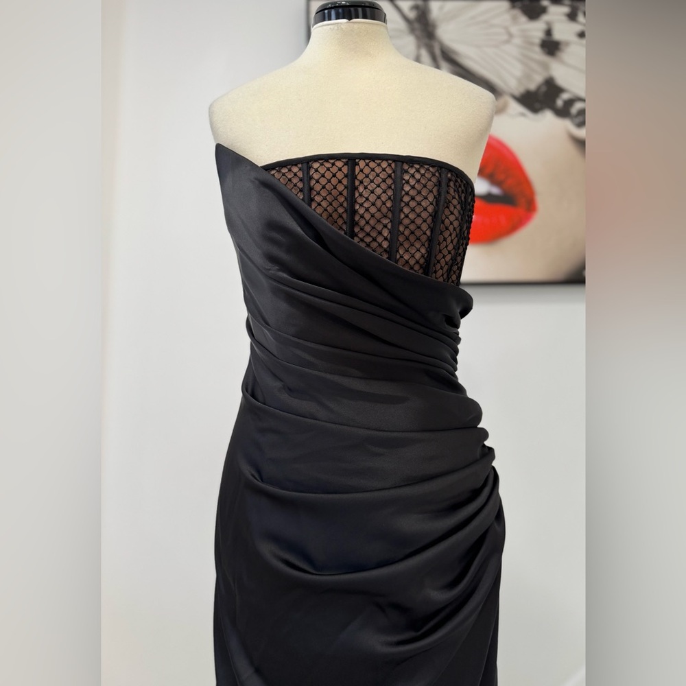 OZGUR MASUR Strapless Fishnet-embellished Gown In Black